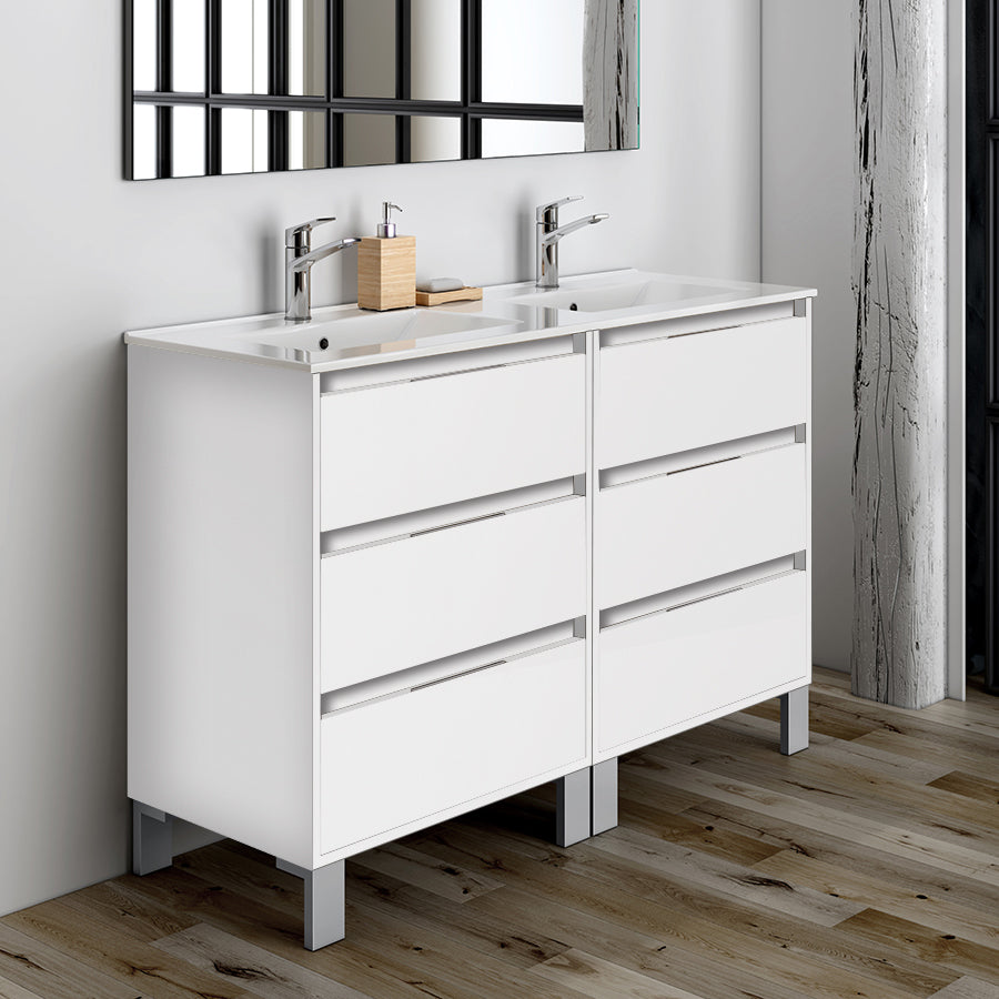 Meuble de salle de bain 120cm double vasque - 6 tiroirs - TIRIS 3C et miroir Led STAM