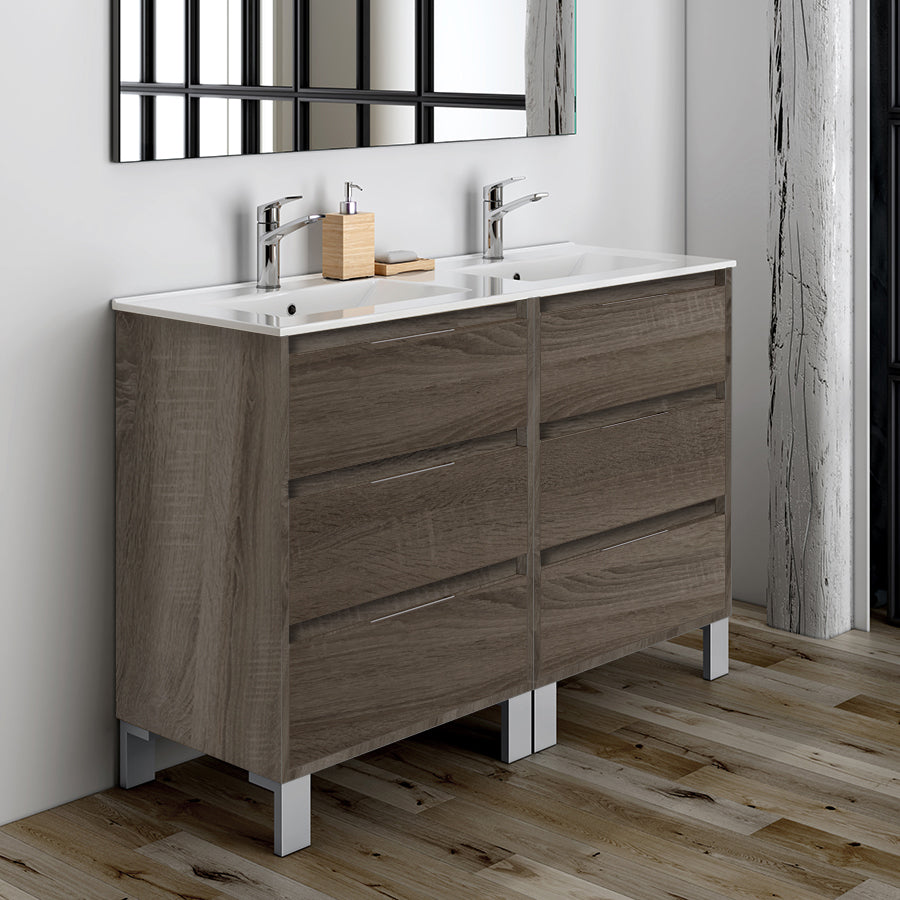 Meuble de salle de bain 120cm double vasque - 6 tiroirs - TIRIS 3C et miroir Led STAM