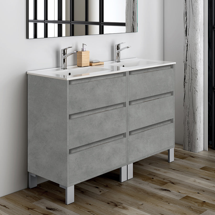 Meuble de salle de bain 120cm double vasque - 6 tiroirs - TIRIS 3C et miroir Led STAM