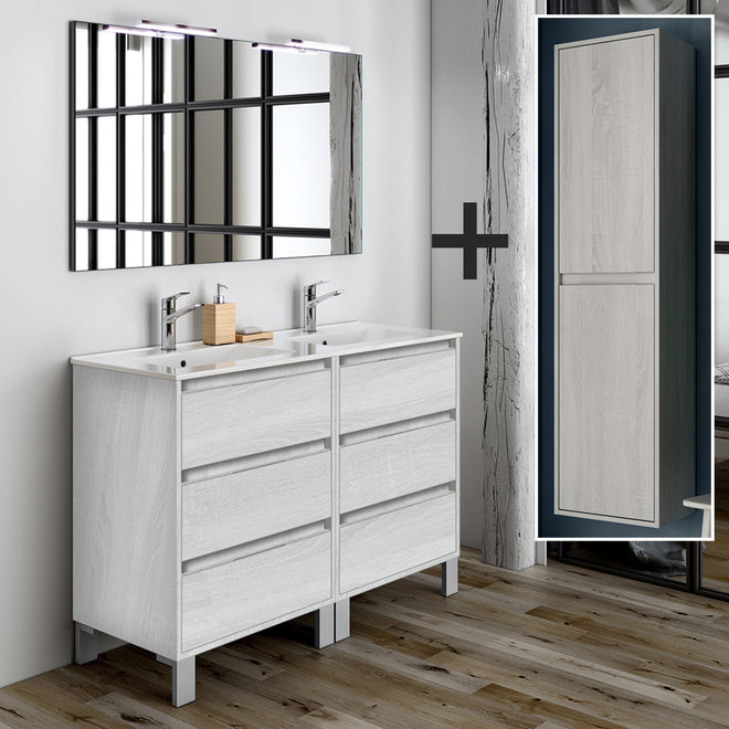 Ensemble meuble de salle de bain 120cm double vasque + colonne de rangement TIRIS