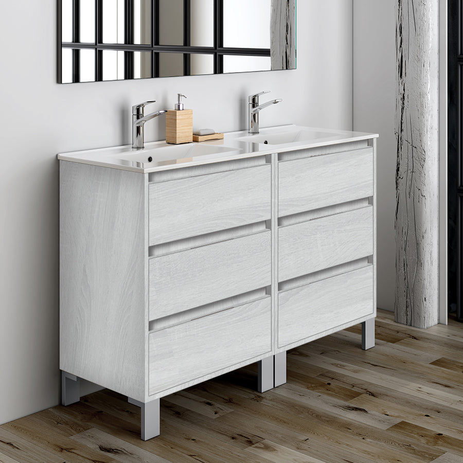Meuble de salle de bain 120cm double vasque - 6 tiroirs - TIRIS 3C et miroir Led STAM