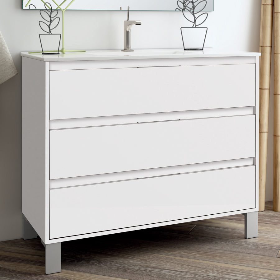 Meuble de salle de bain 100cm simple vasque - 3 tiroirs - TIRIS 3C