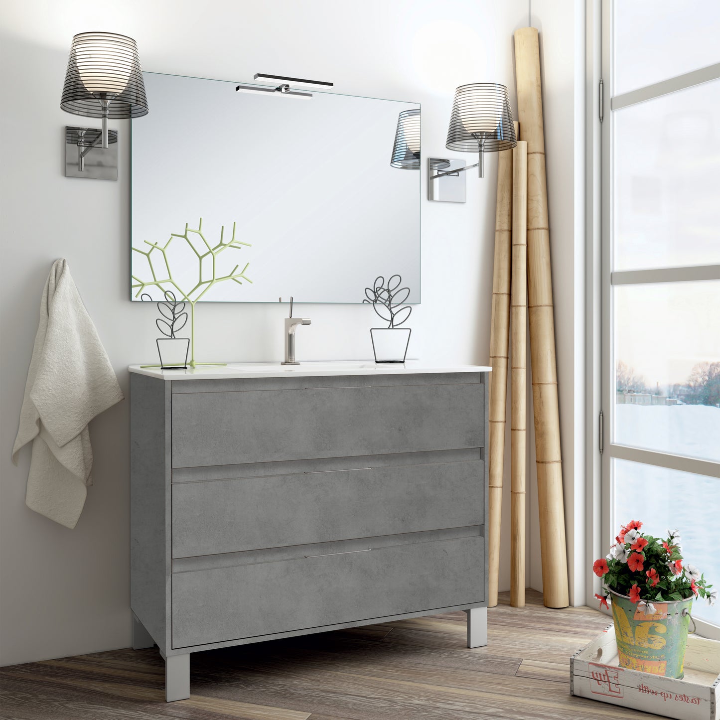 Meuble de salle de bain 100cm simple vasque - 3 tiroirs - TIRIS 3C