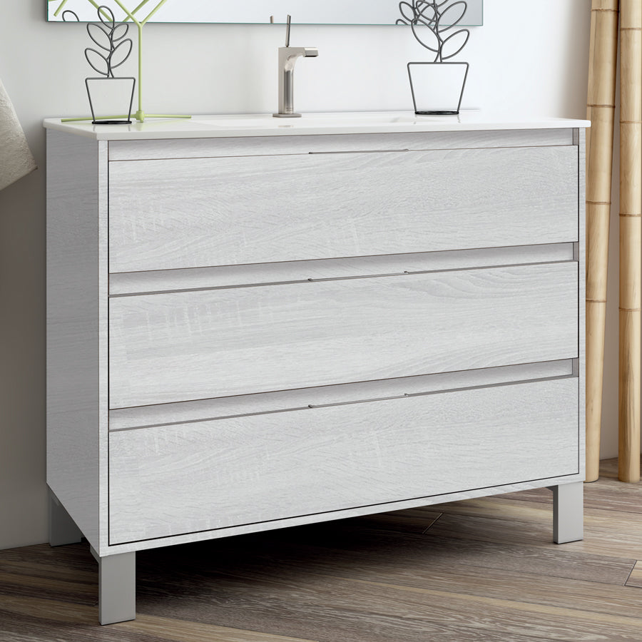 Meuble de salle de bain 100cm simple vasque - 3 tiroirs - TIRIS 3C