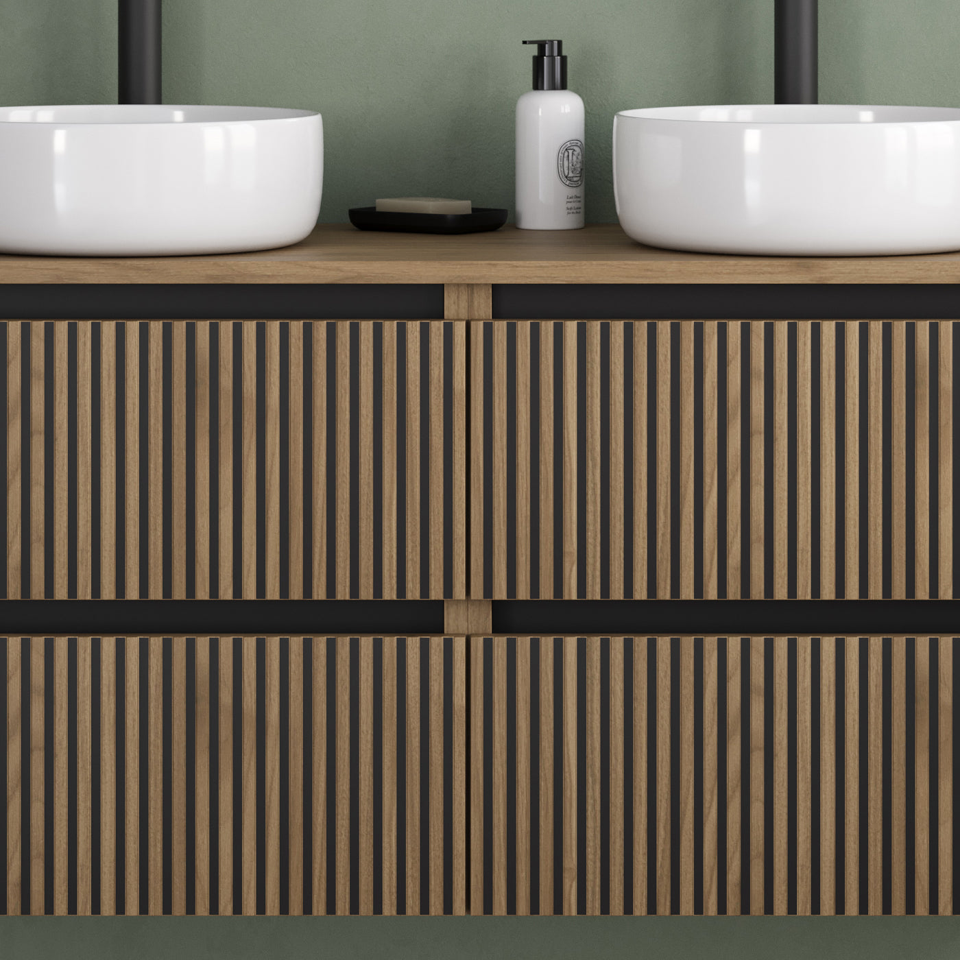 Meuble de salle de bain 120cm avec plateau et 2 vasques à poser rondes - 4 tiroirs - sans miroir - VENERIA