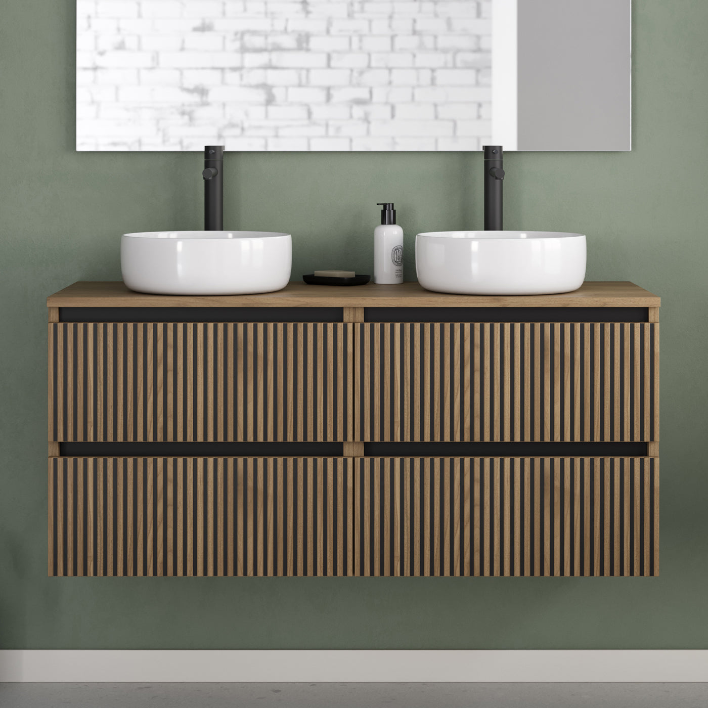 Meuble de salle de bain 120cm avec plateau et 2 vasques à poser rondes - 4 tiroirs - sans miroir - VENERIA