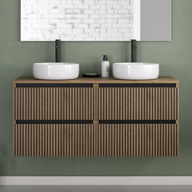 Meuble de salle de bain 140cm avec plateau et 2 vasques à poser rondes - 4 tiroirs - sans miroir - VENERIA