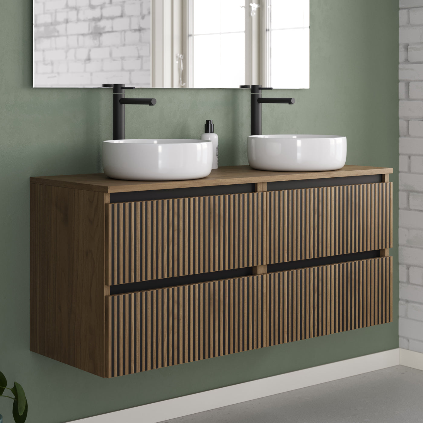 Meuble de salle de bain 120cm avec plateau et 2 vasques à poser rondes - 4 tiroirs - sans miroir - VENERIA