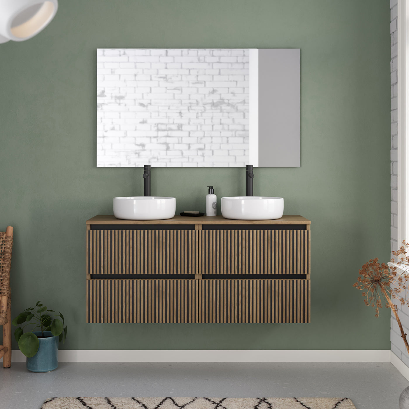Meuble de salle de bain 120cm avec plateau et 2 vasques à poser rondes - 4 tiroirs - sans miroir - VENERIA