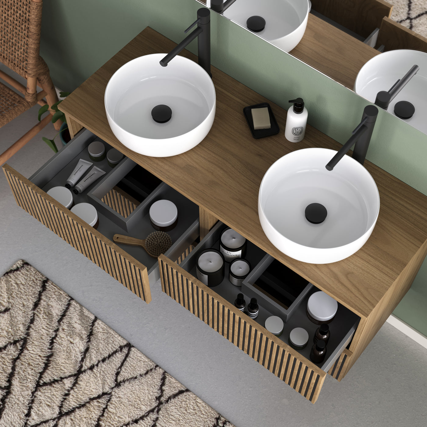Meuble de salle de bain 120cm avec plateau et 2 vasques à poser rondes - 4 tiroirs - sans miroir - VENERIA
