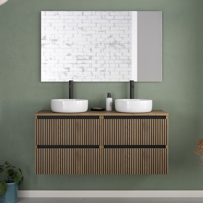Meuble de salle de bain 120cm avec plateau et 2 vasques à poser rondes - 4 tiroirs - VENERIA