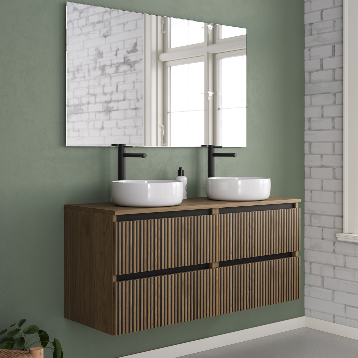 Meuble de salle de bain 120cm avec plateau et 2 vasques à poser rondes - 4 tiroirs - sans miroir - VENERIA