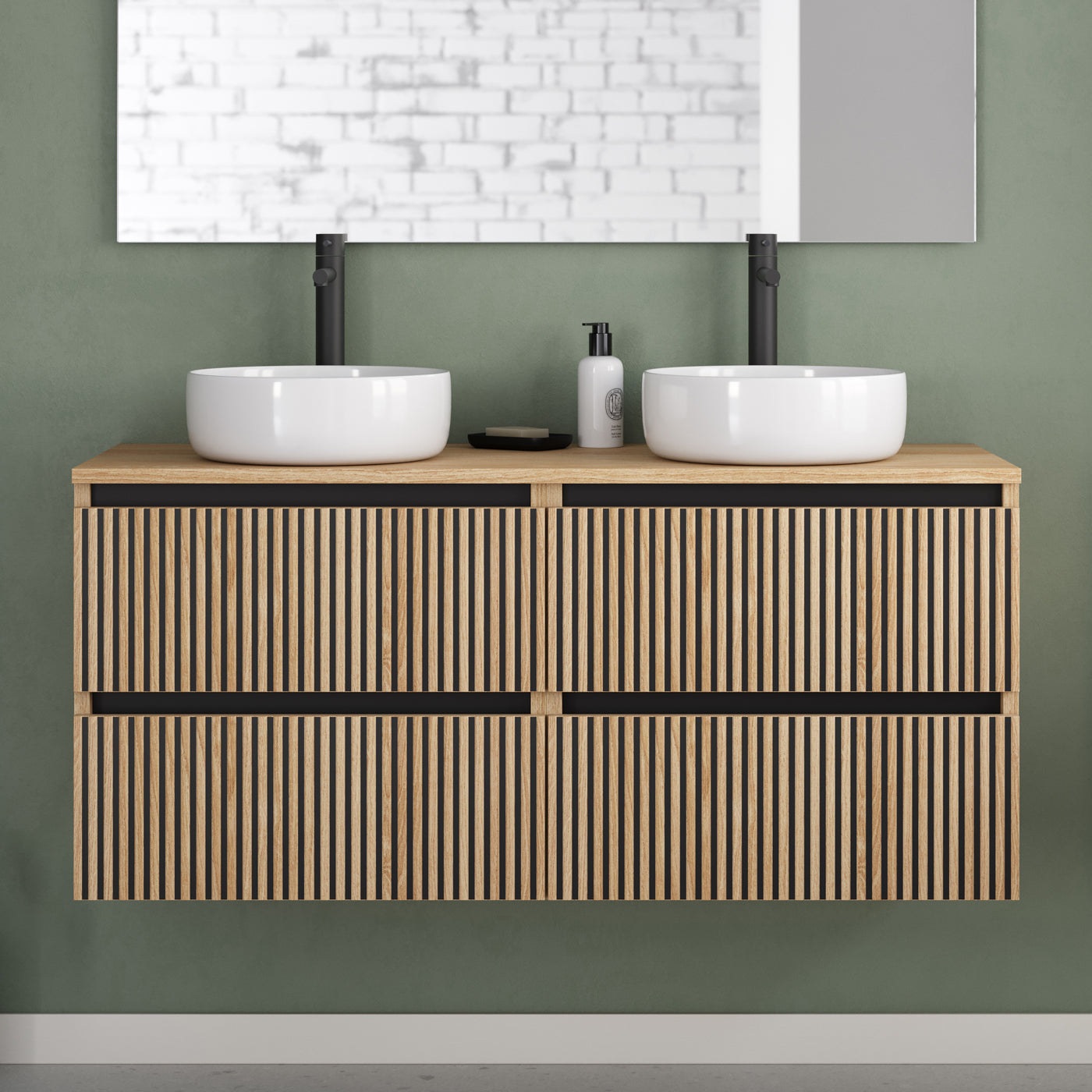 Meuble de salle de bain 120cm avec plateau et 2 vasques à poser rondes - 4 tiroirs - sans miroir - VENERIA