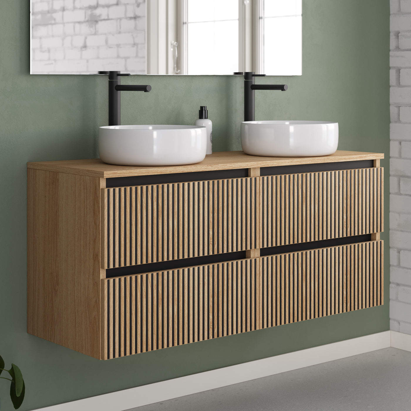Meuble de salle de bain 120cm avec plateau et 2 vasques à poser rondes - 4 tiroirs - sans miroir - VENERIA