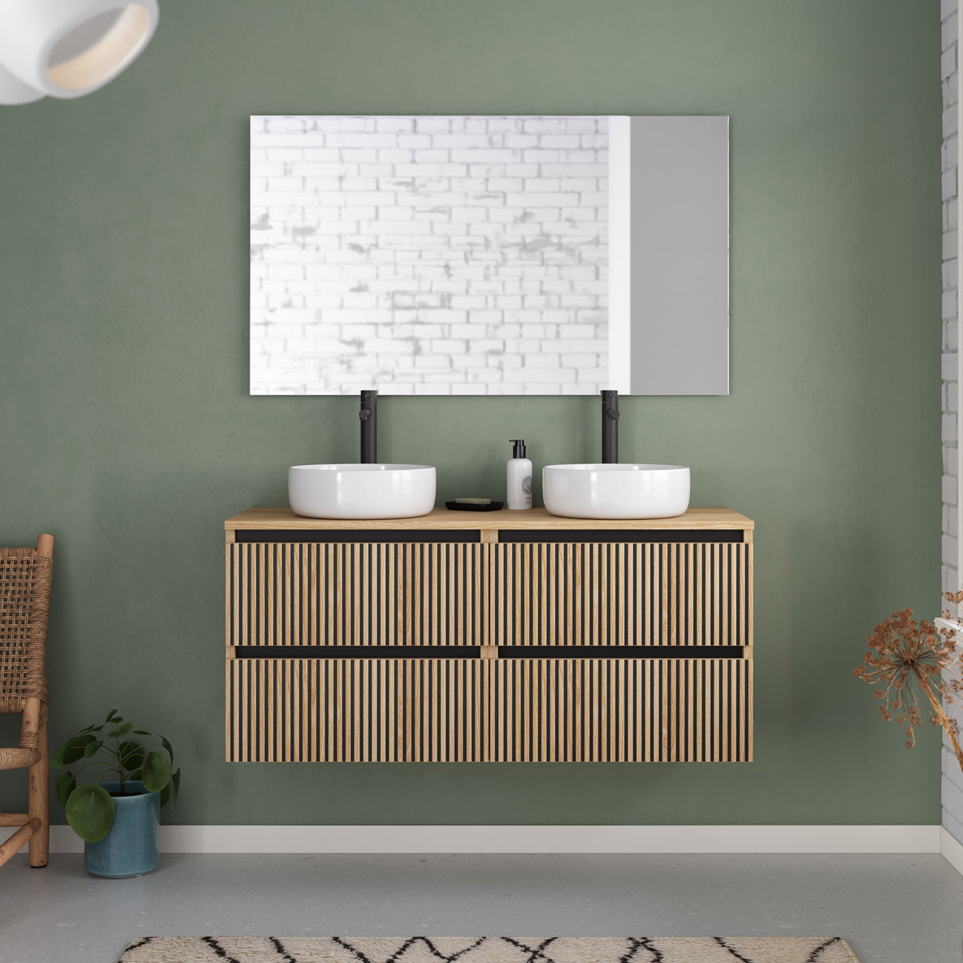 Meuble de salle de bain 120cm avec plateau et 2 vasques à poser rondes - 4 tiroirs - sans miroir - VENERIA