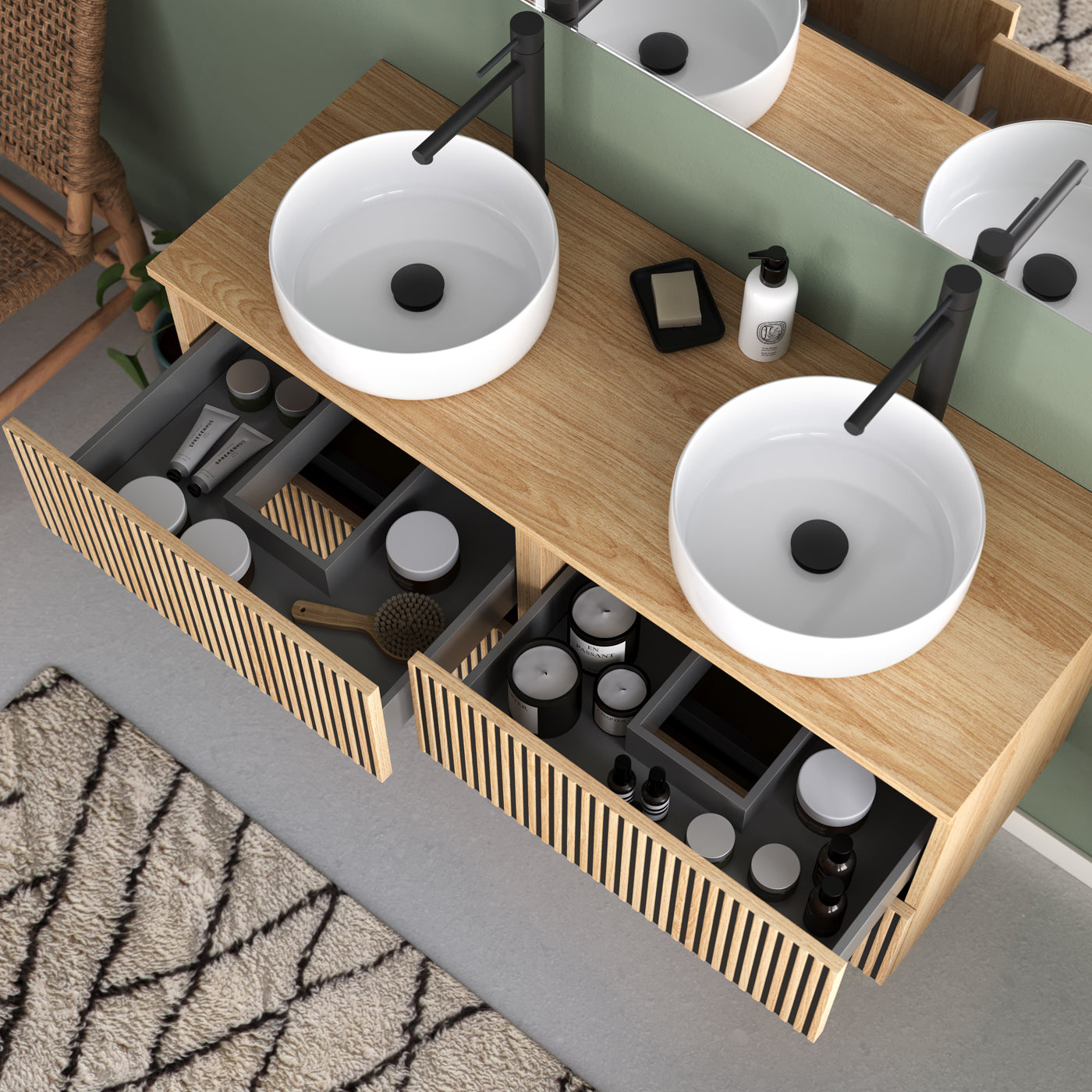 Meuble de salle de bain 120cm avec plateau et 2 vasques à poser rondes - 4 tiroirs - sans miroir - VENERIA