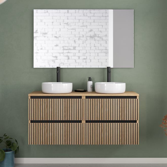 Meuble de salle de bain 140cm avec plateau et 2 vasques à poser rondes - 4 tiroirs - VENERIA