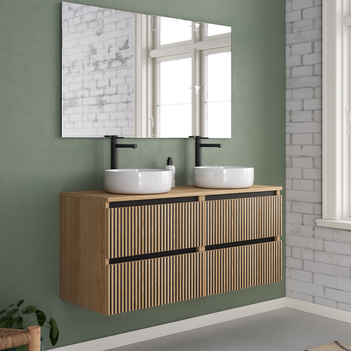 Meuble de salle de bain 120cm avec plateau et 2 vasques à poser rondes - 4 tiroirs - sans miroir - VENERIA