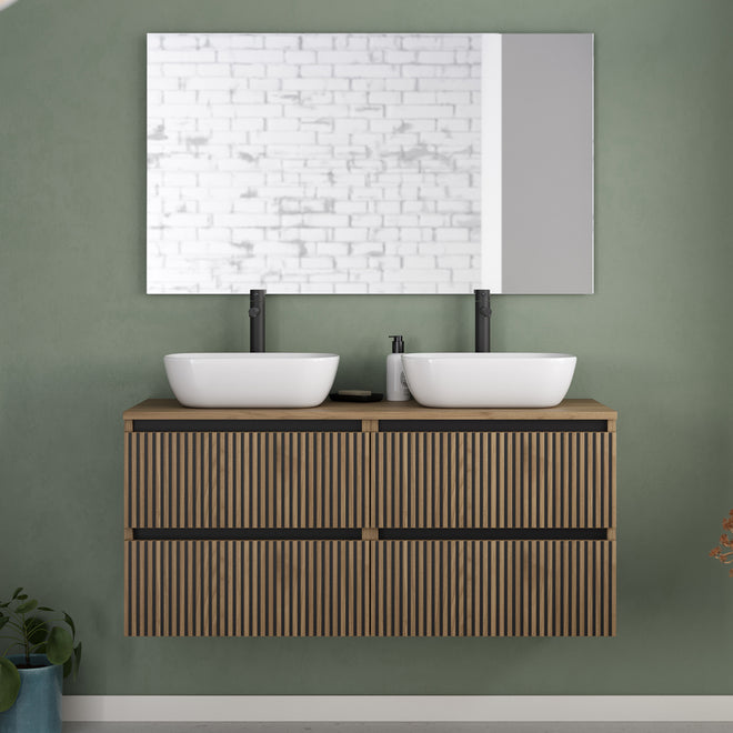Meuble de salle de bain 140cm avec plateau et 2 vasques à poser arrondies - 4 tiroirs - VENERIA