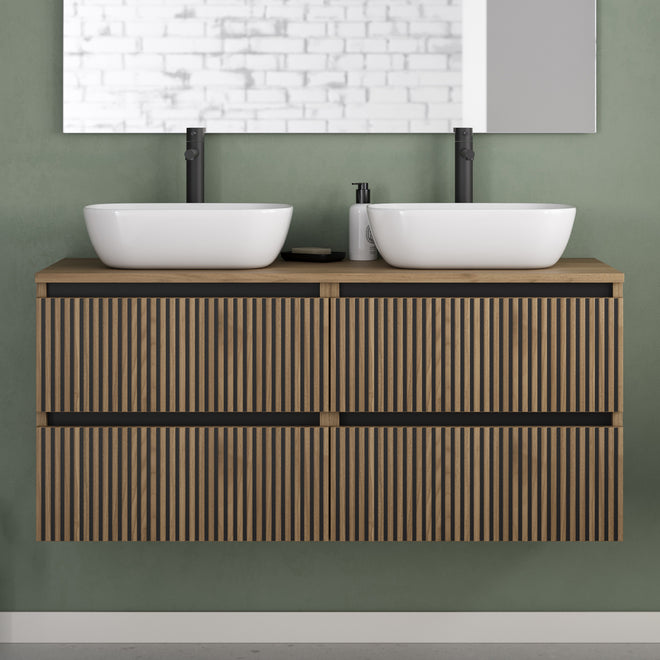Meuble de salle de bain 120cm avec plateau et 2 vasques à poser arrondies - 4 tiroirs - sans miroir - VENERIA