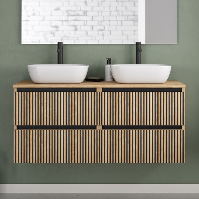 Meuble de salle de bain 140cm avec plateau et 2 vasques à poser arrondies - 4 tiroirs - sans miroir - VENERIA