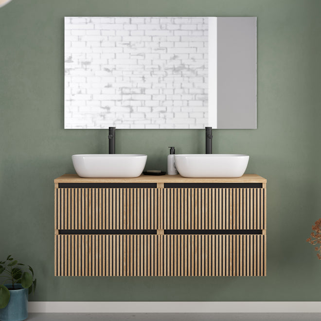 Meuble de salle de bain 120cm avec plateau et 2 vasques à poser arrondies - 4 tiroirs - VENERIA