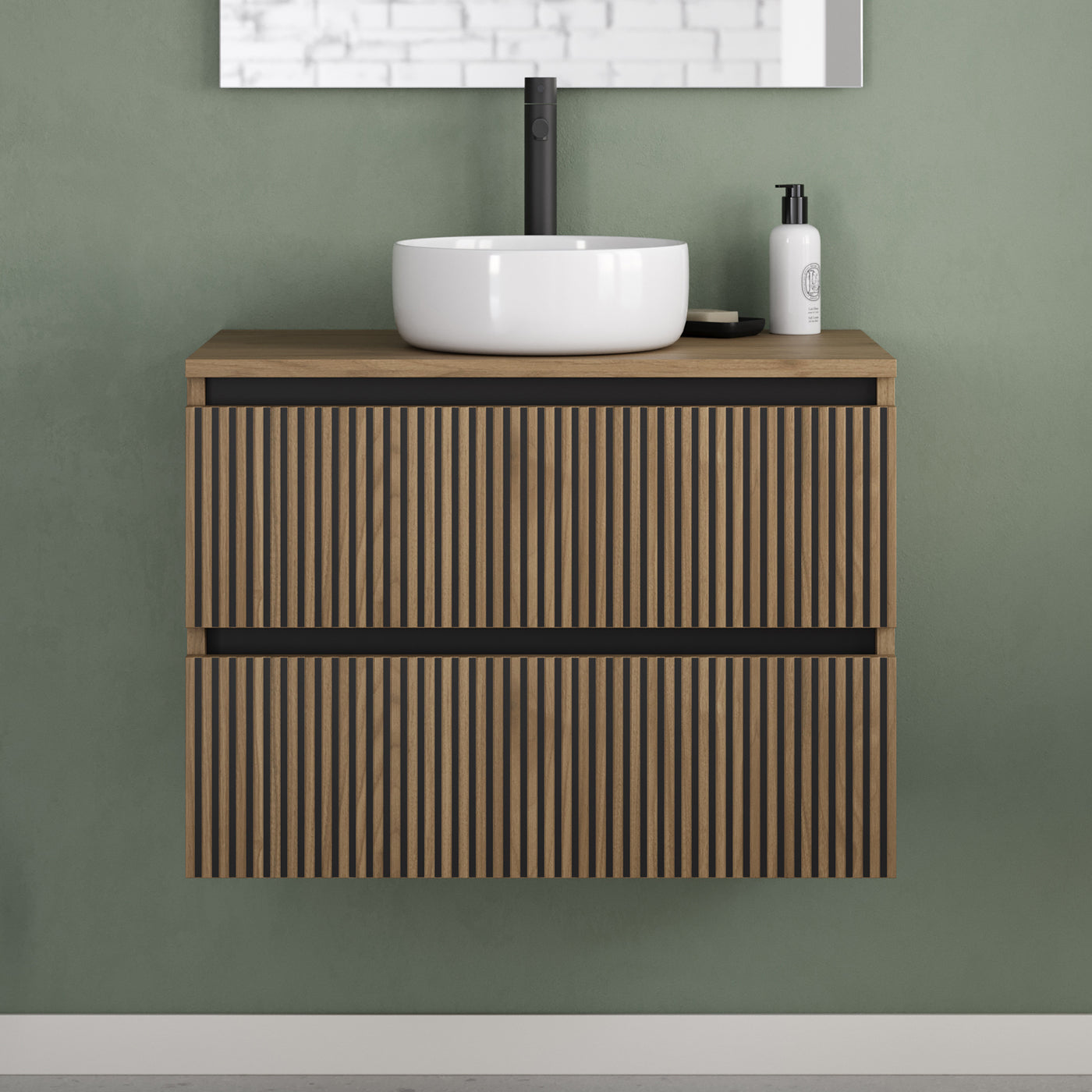 Meuble de salle de bain 60cm avec plateau et vasque à poser ronde - 2 tiroirs - sans miroir - VENERIA