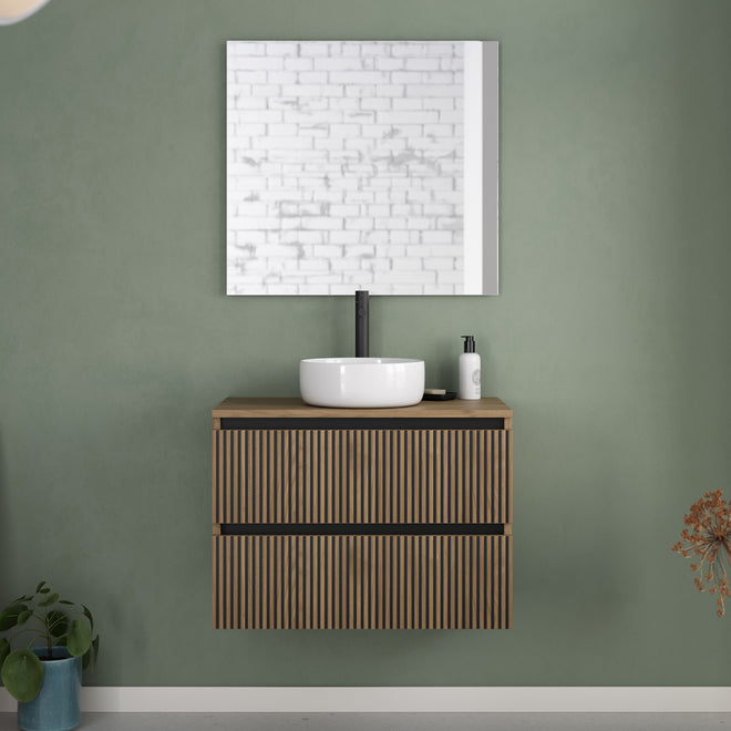 Meuble de salle de bain 70cm avec plateau et vasque à poser ronde - 2 tiroirs - VENERIA