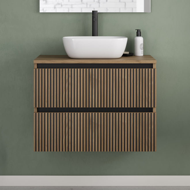 Meuble de salle de bain 70cm avec plateau et vasque à poser arrondie - 2 tiroirs - sans miroir - VENERIA