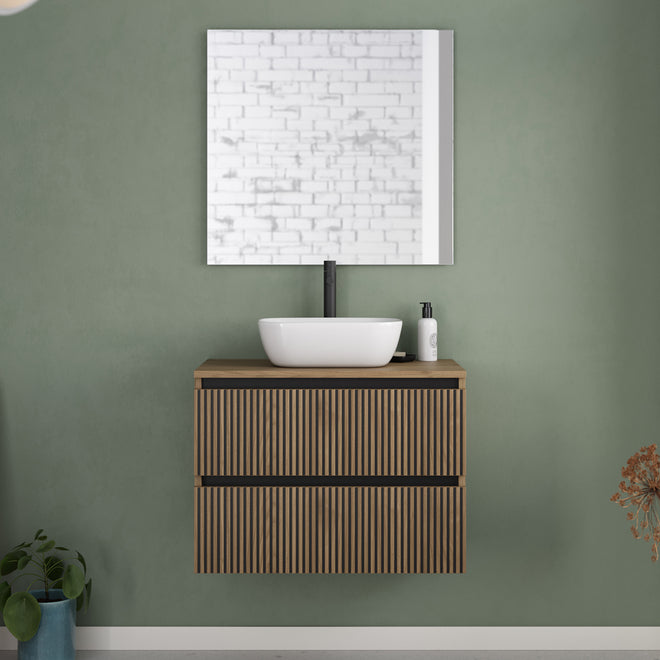 Meuble de salle de bain 60cm avec plateau et vasque à poser arrondie - 2 tiroirs - VENERIA