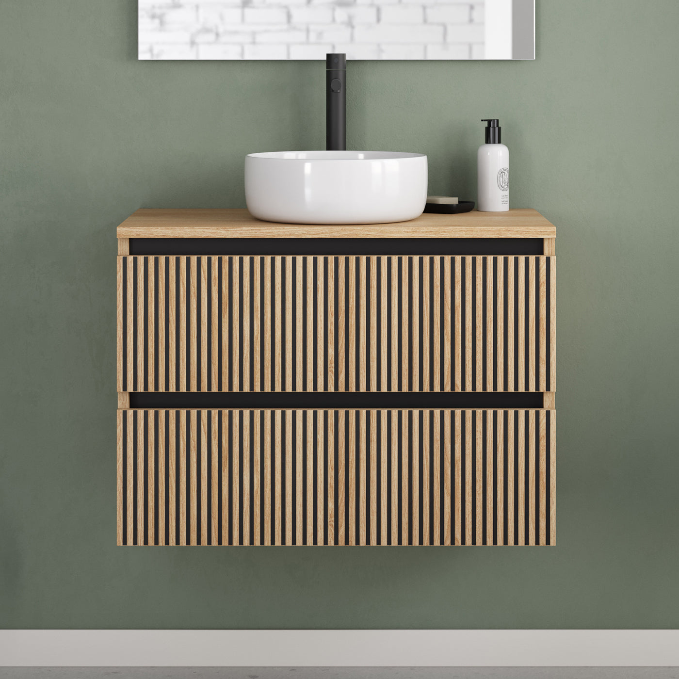 Meuble de salle de bain 60cm avec plateau et vasque à poser ronde - 2 tiroirs - sans miroir - VENERIA