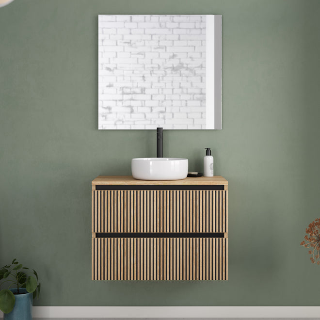 Meuble de salle de bain 60cm avec plateau et vasque à poser ronde - 2 tiroirs - VENERIA