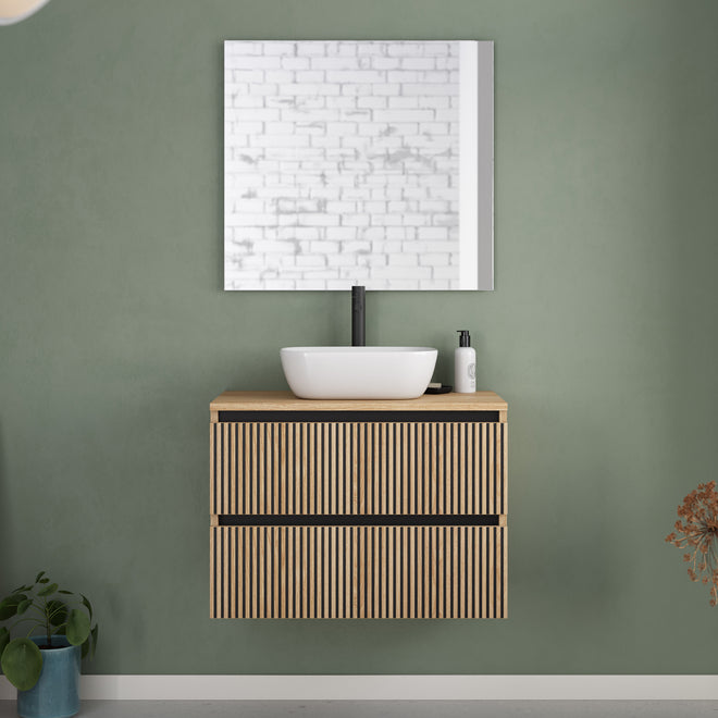 Meuble de salle de bain 70cm avec plateau et vasque à poser arrondie - 2 tiroirs - VENERIA