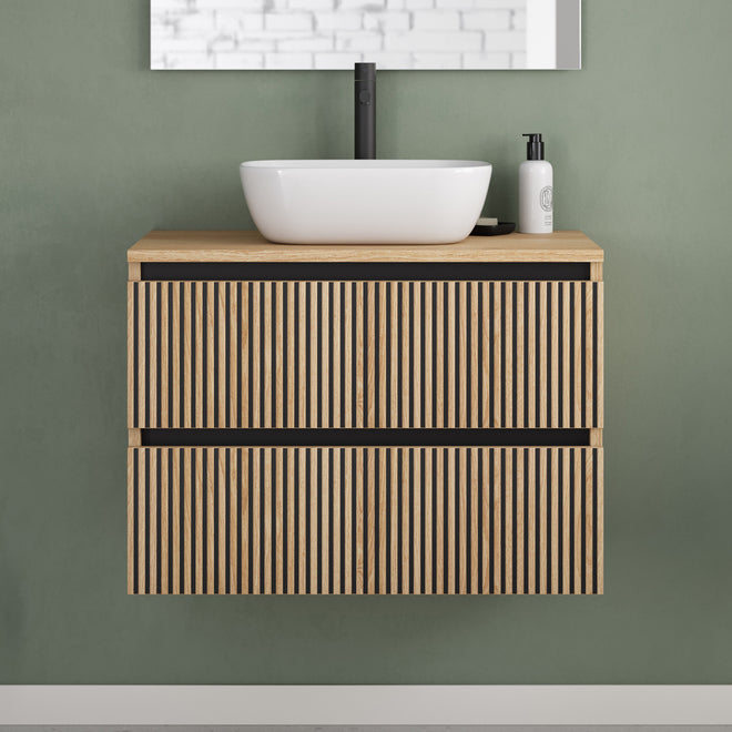 Meuble de salle de bain 60cm avec plateau et vasque à poser arrondie - 2 tiroirs - sans miroir - VENERIA