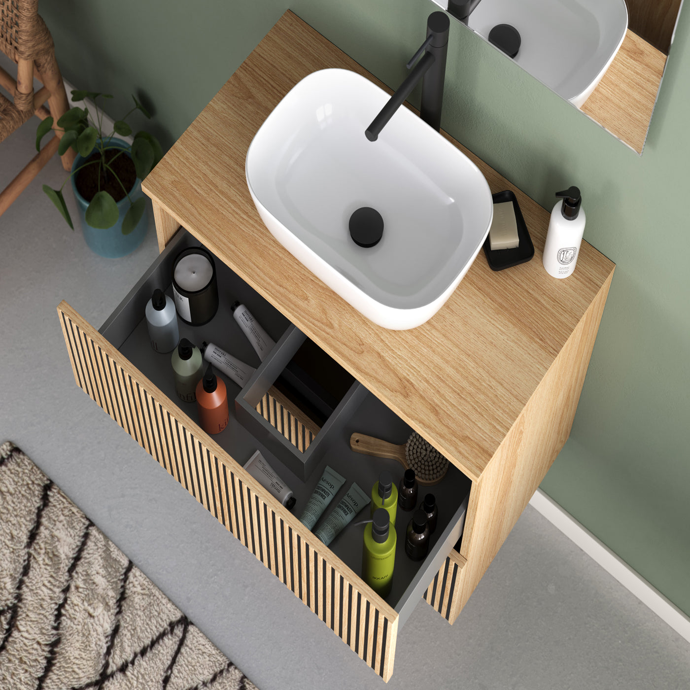 Meuble de salle de bain Veneria 60 70 cm roble era vasque zeus vue de dessus