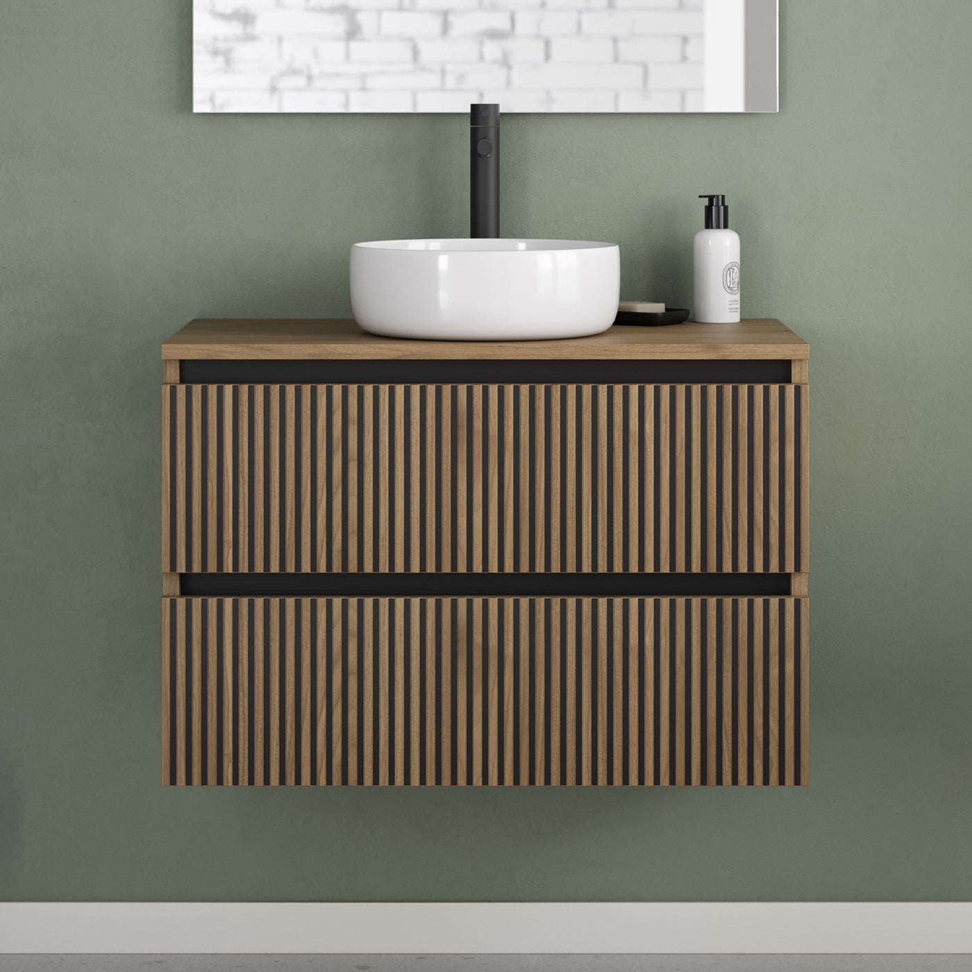 Meuble de salle de bain 80cm avec plateau et vasque à poser ronde - 2 tiroirs - sans miroir - VENERIA