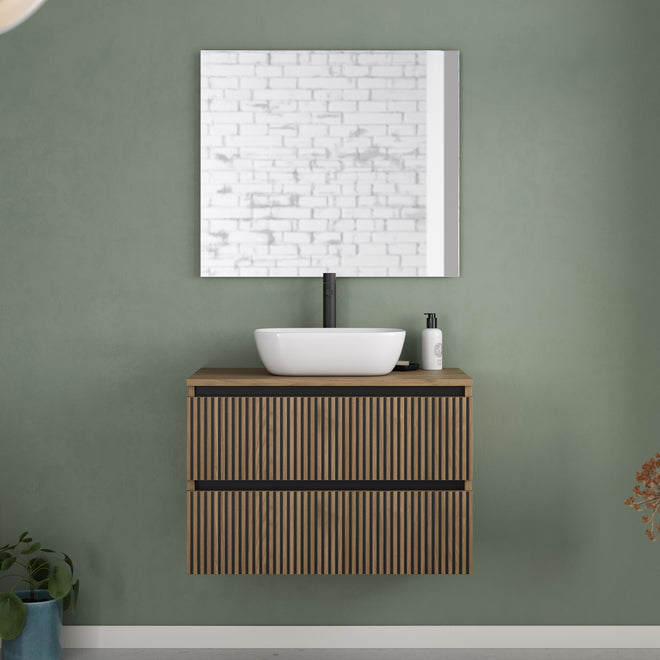Meuble de salle de bain 80cm avec plateau et vasque à poser arrondie - 2 tiroirs - VENERIA