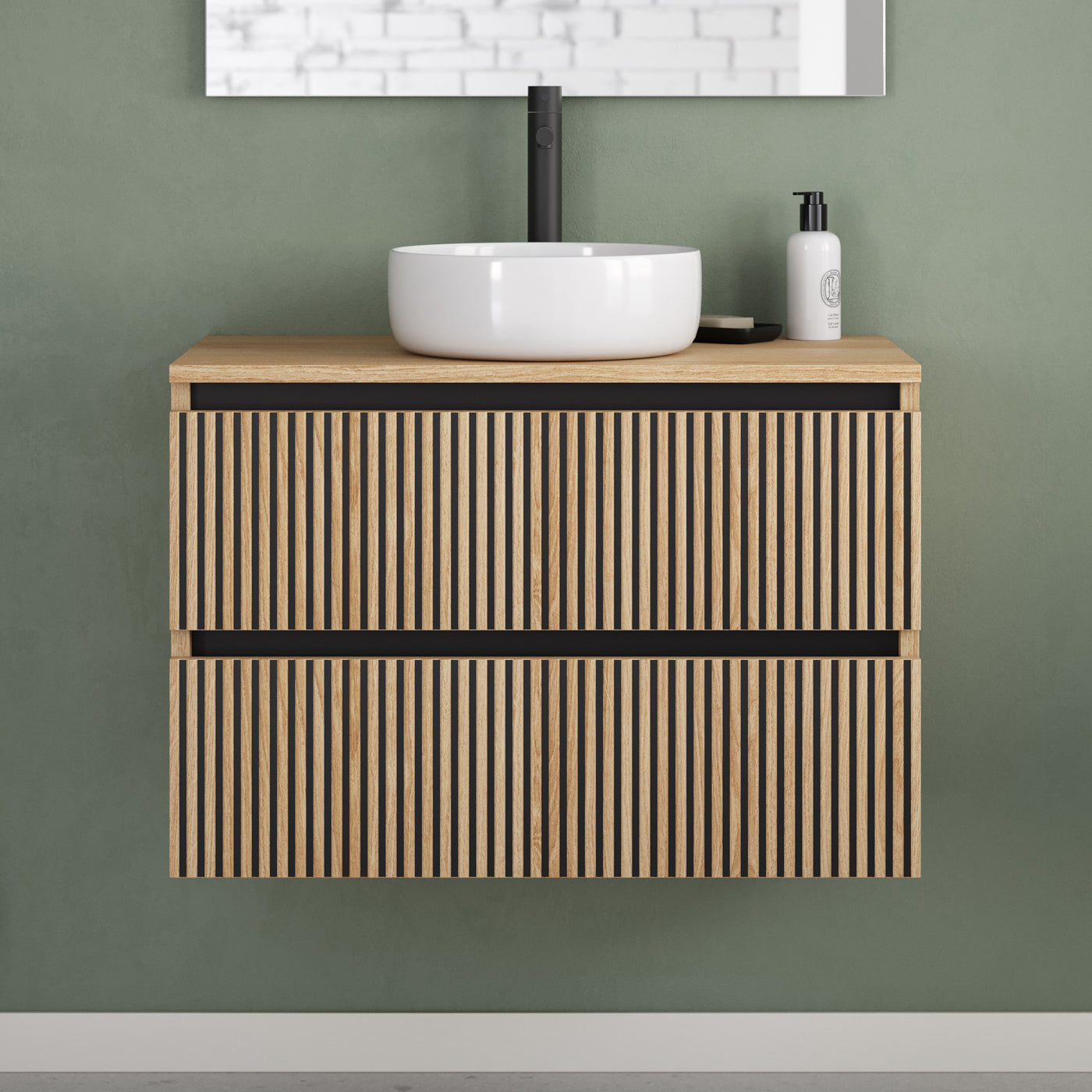 Meuble de salle de bain 80cm avec plateau et vasque à poser ronde - 2 tiroirs - sans miroir - VENERIA
