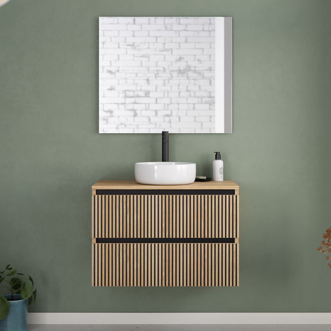 Meuble de salle de bain 80cm avec plateau et vasque à poser ronde - 2 tiroirs - VENERIA