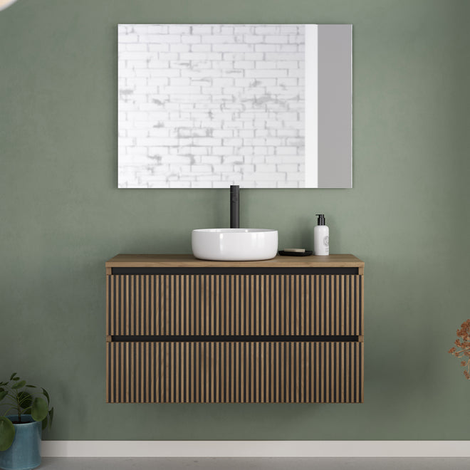 Meuble de salle de bain 90cm avec plateau et vasque à poser ronde - 2 tiroirs - VENERIA