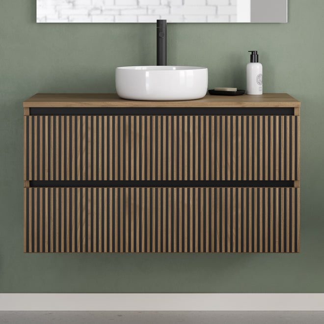 Meuble de salle de bain 100cm avec plateau et vasque à poser ronde - 2 tiroirs - sans miroir - VENERIA