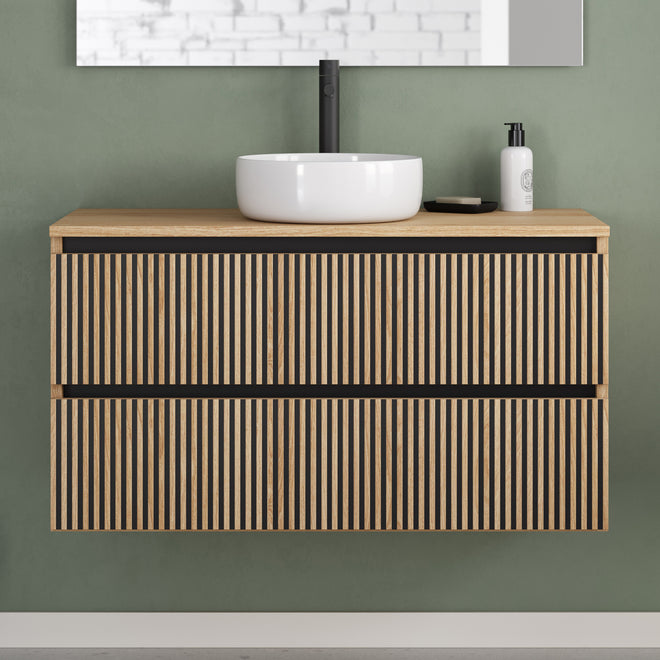 Meuble de salle de bain 90cm avec plateau et vasque à poser ronde - 2 tiroirs - sans miroir - VENERIA