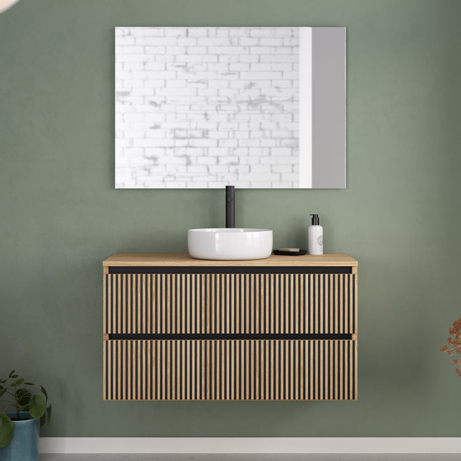 Meuble de salle de bain 100cm avec plateau et vasque à poser ronde - 2 tiroirs - VENERIA