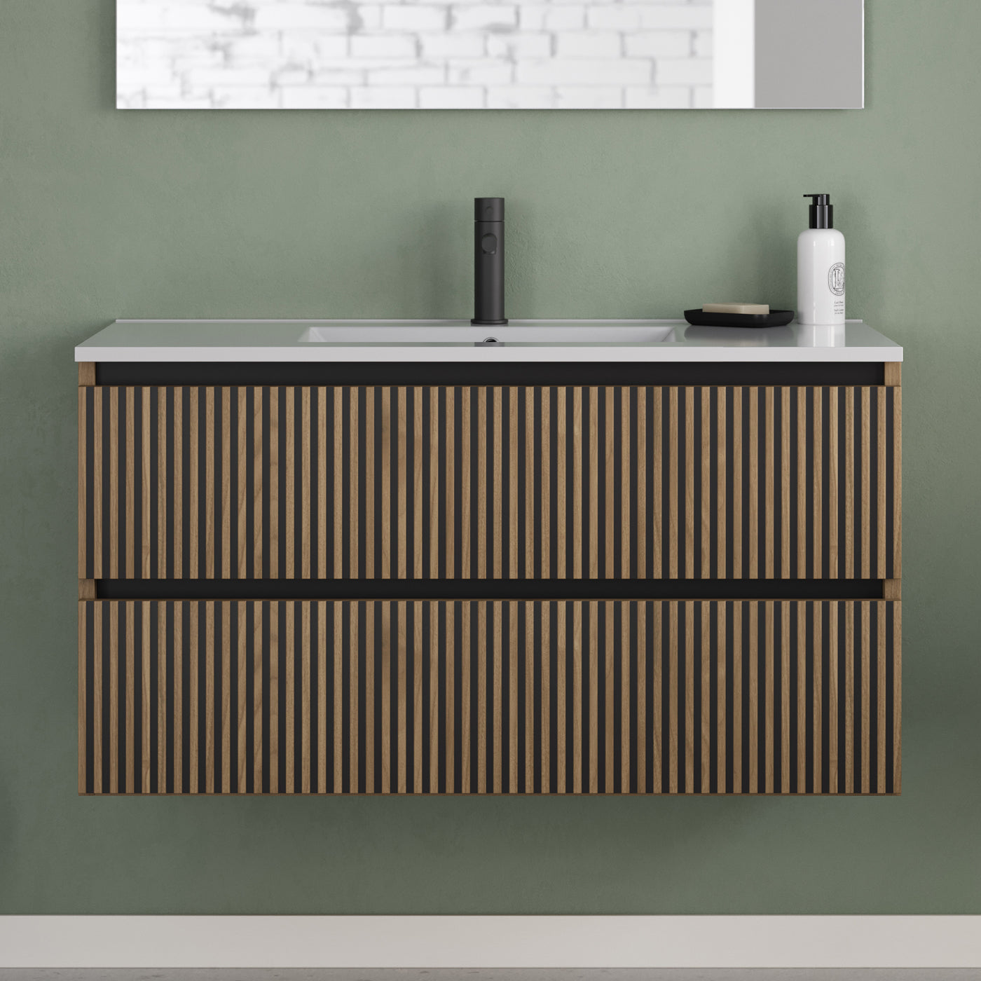 Meuble de salle de bain Veneria 90 100 cm plan vasque nogal sans miroir