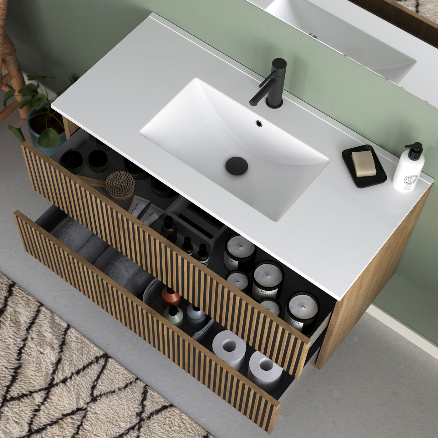 Meuble de salle de bain Veneria 90 100 cm plan vasque nogal vue de dessus