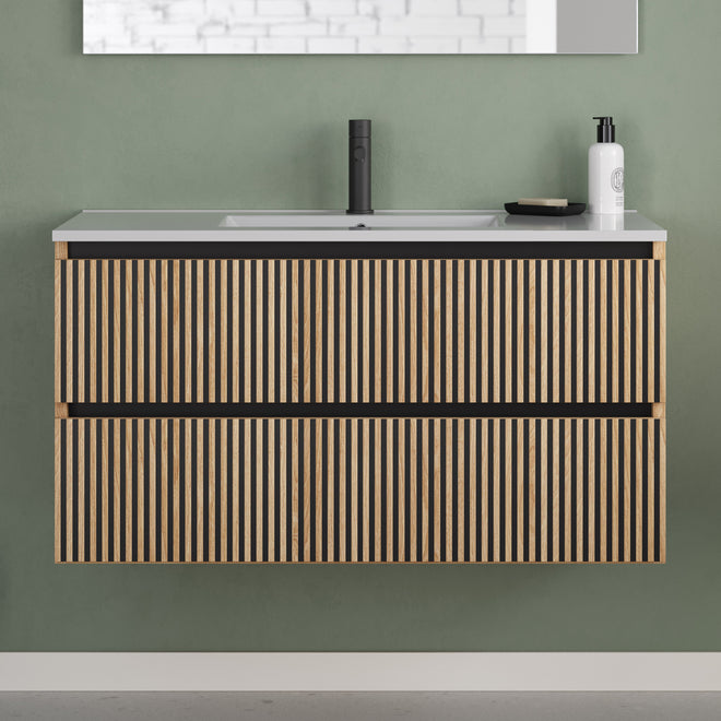 Meuble de salle de bain 90cm simple vasque - 2 tiroirs - sans miroir - VENERIA