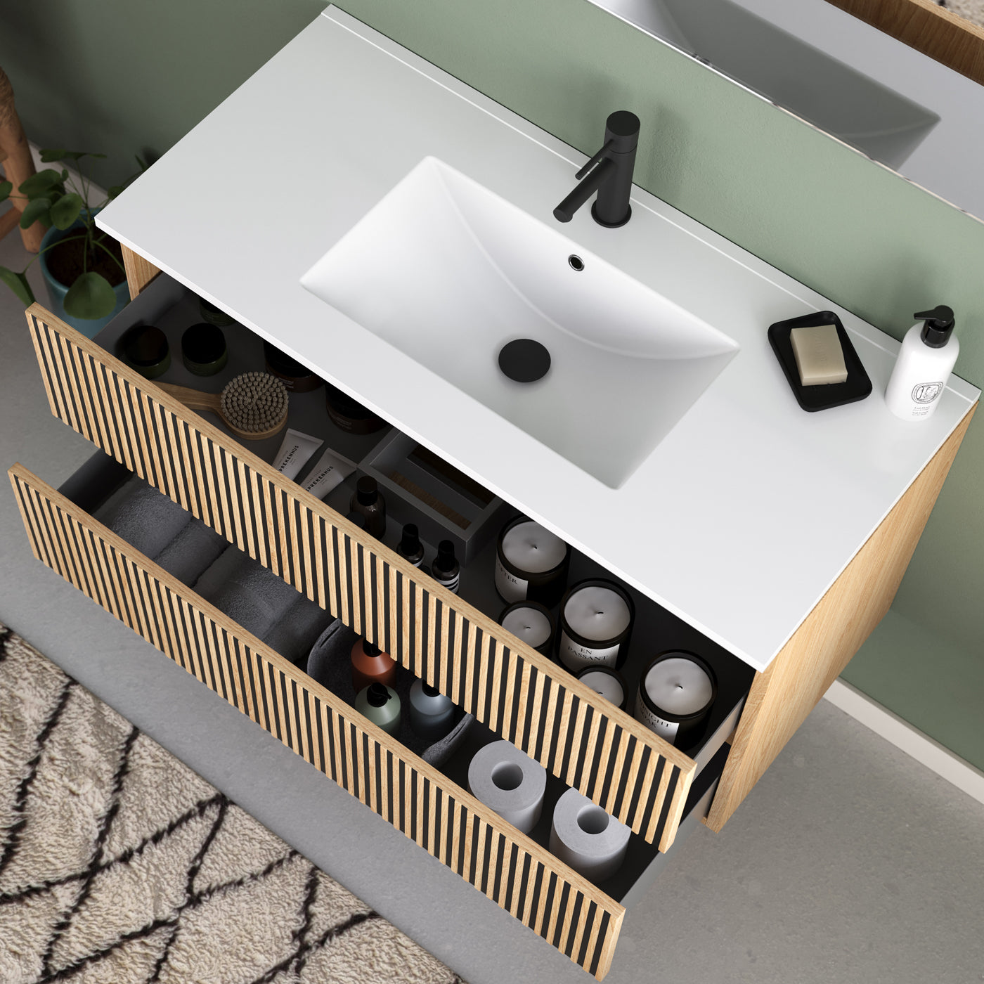 Meuble de salle de bain Veneria 90 100 cm plan vasque roble era vue de dessus