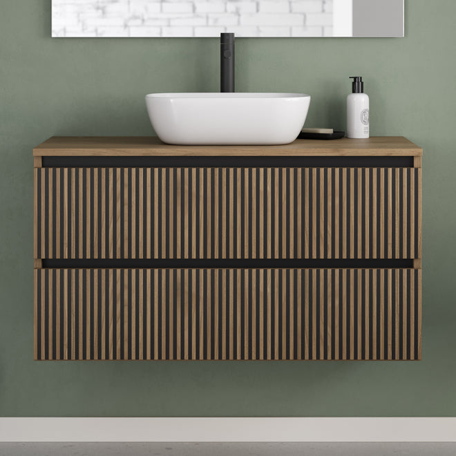 Meuble de salle de bain 90cm avec plateau et vasque à poser arrondie - 2 tiroirs - sans miroir - VENERIA
