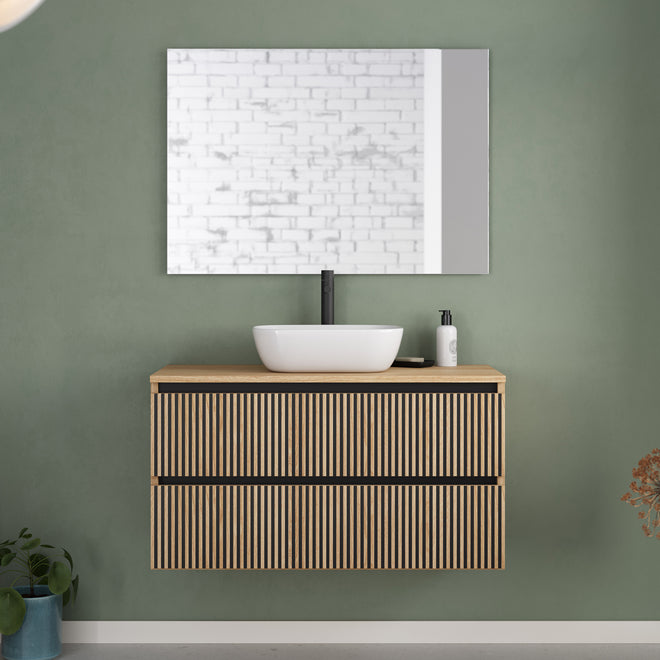 Meuble de salle de bain 90cm avec plateau et vasque à poser arrondie - 2 tiroirs - VENERIA