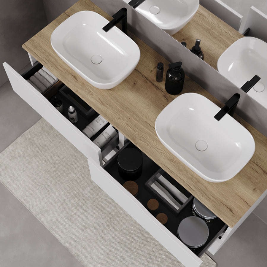 Meuble de salle de bain 140cm avec plateau et deux vasques à poser zeus - 4 tiroirs - LUNA